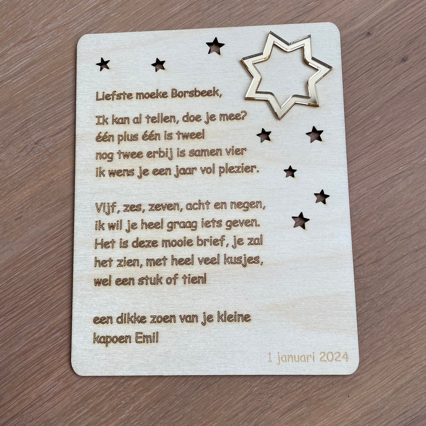 Nieuwjaarsbrief op hout